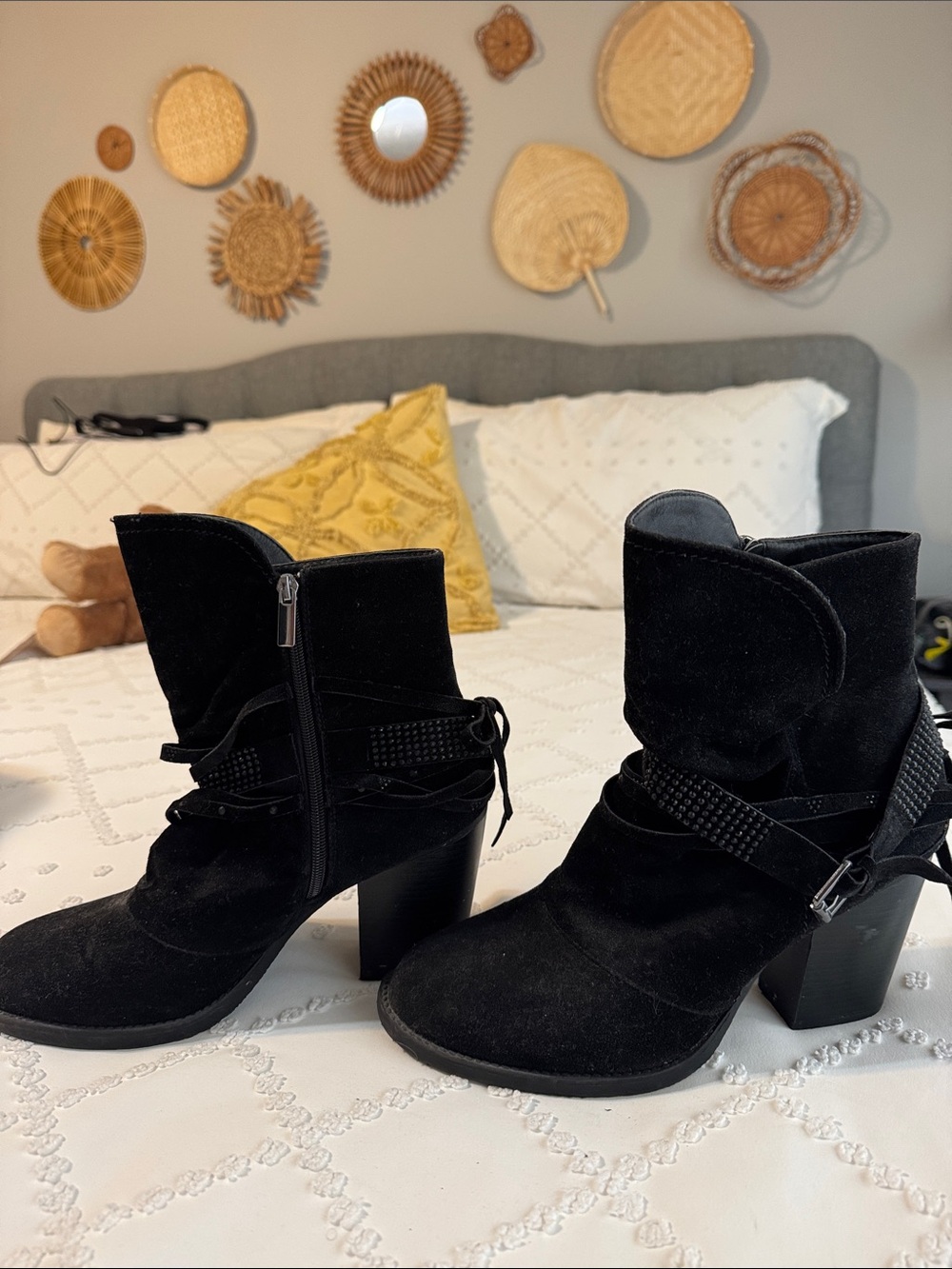 Lane Bryant Black Suede Mid-Calf Heeled Ankle Boots with Strap Detail